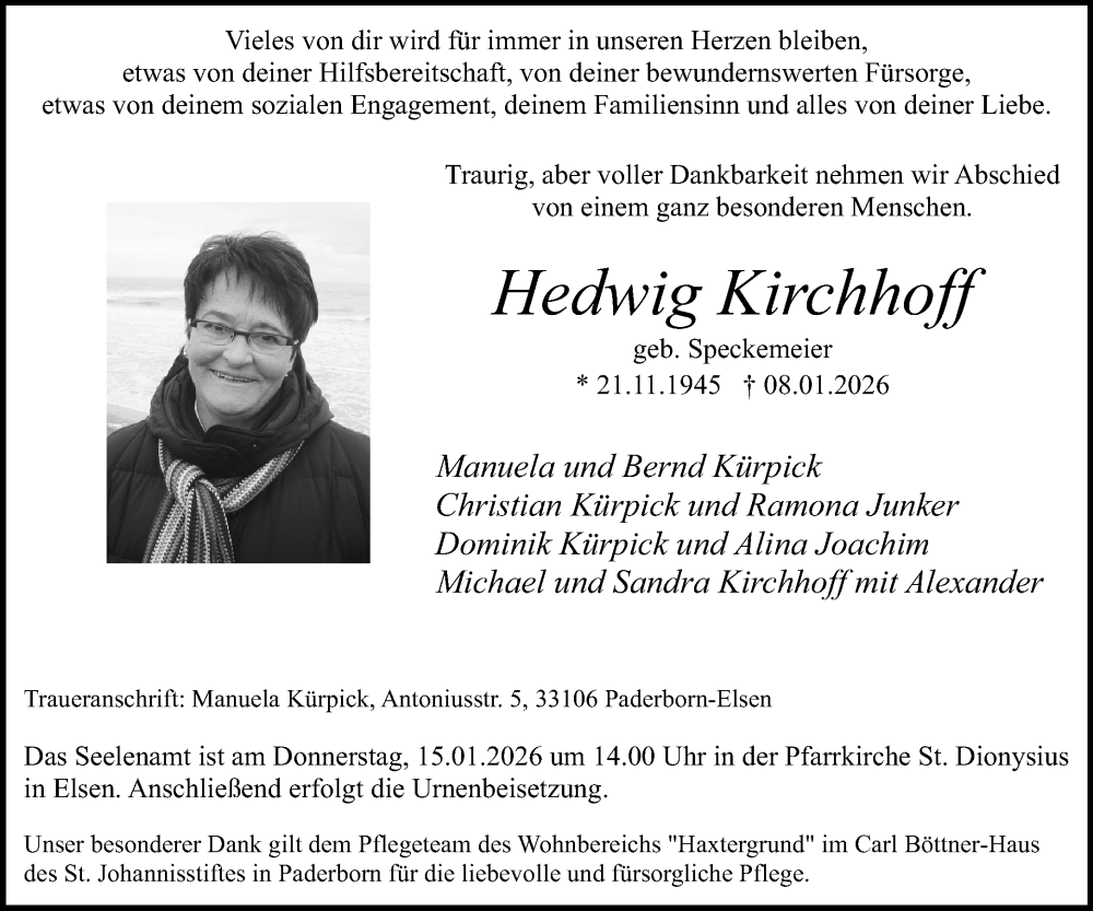  Traueranzeige für Hedwig Kirchhoff vom 13.01.2026 aus Neue Westfälische und Westfalen-Blatt