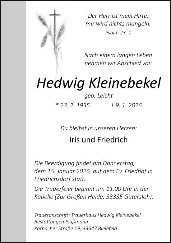 Traueranzeige von Hedwig Kleinebekel von Neue Westfälische und Westfalen-Blatt