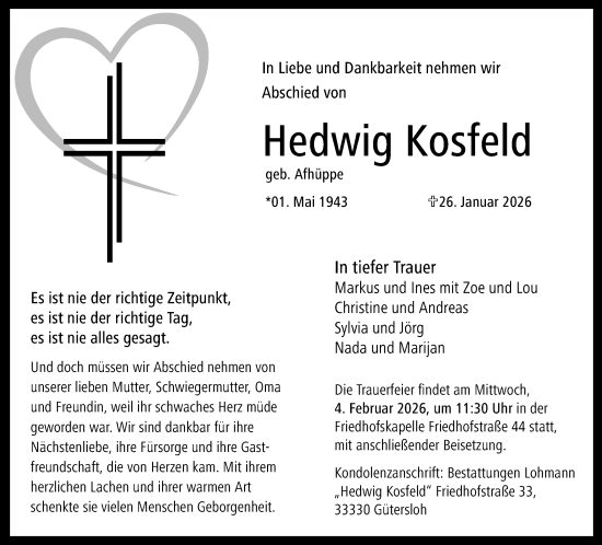 Traueranzeige von Hedwig Kosfeld von Neue Westfälische und Westfalen-Blatt