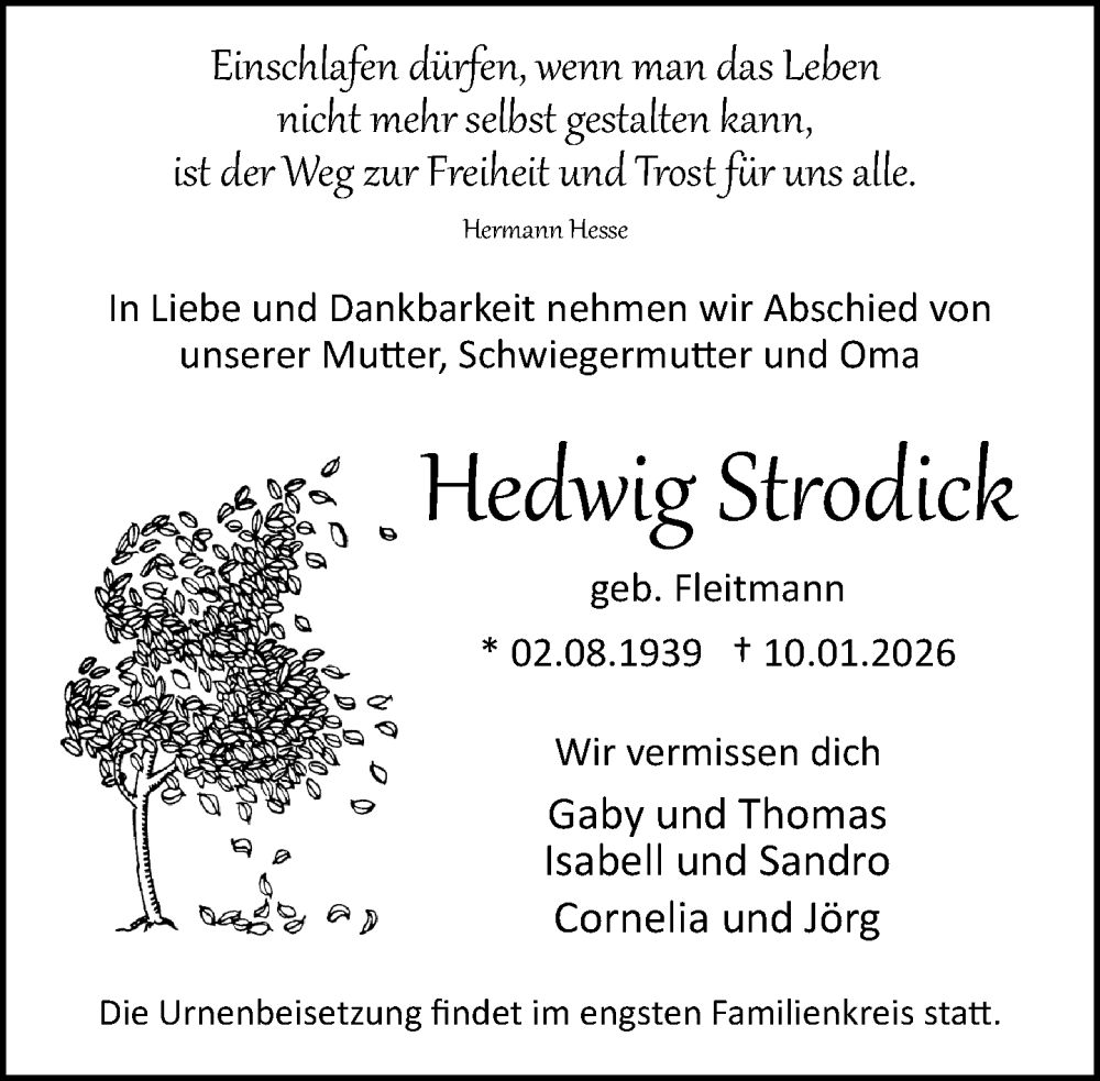  Traueranzeige für Hedwig Strodick vom 14.01.2026 aus Neue Westfälische und Westfalen-Blatt