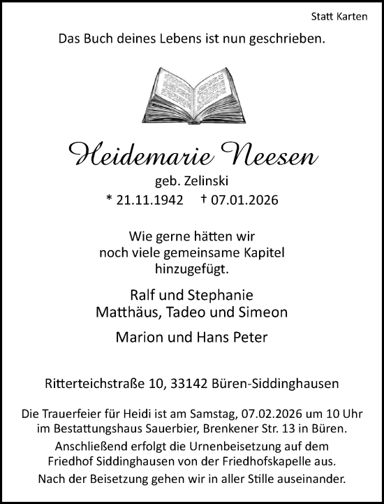 Traueranzeige von Heidemarie Neesen von Neue Westfälische und Westfalen-Blatt