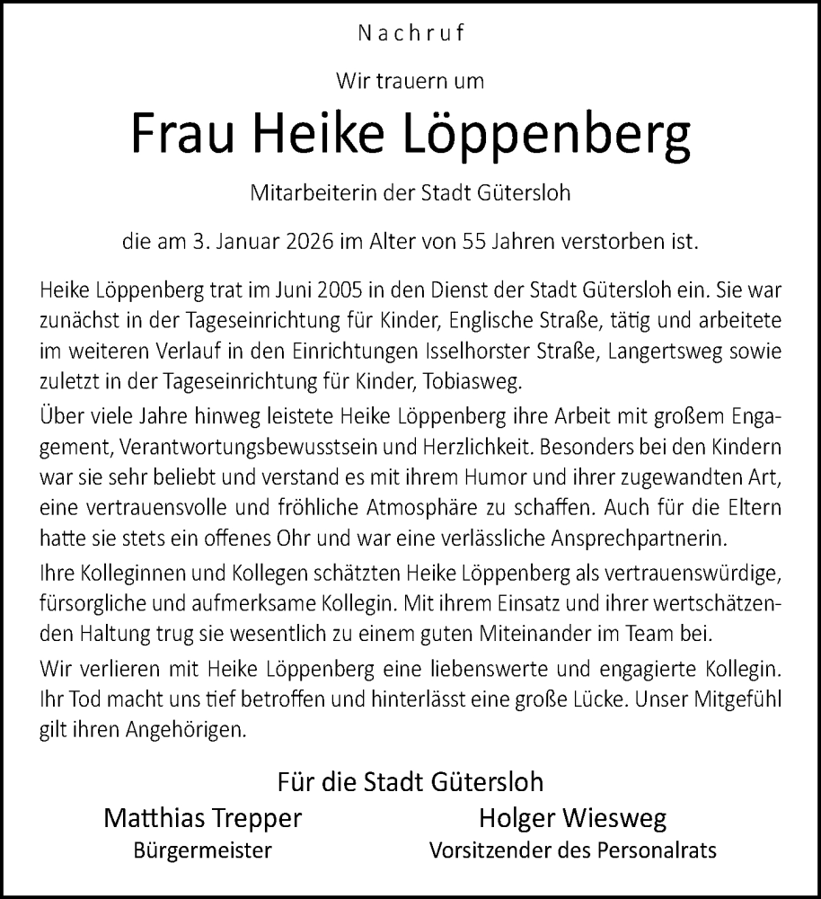  Traueranzeige für Heike Löppenberg vom 14.01.2026 aus Neue Westfälische und Westfalen-Blatt