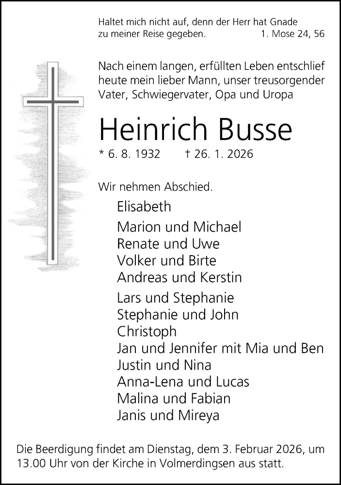  Traueranzeige für Heinrich Busse vom 31.01.2026 aus Neue Westfälische und Westfalen-Blatt