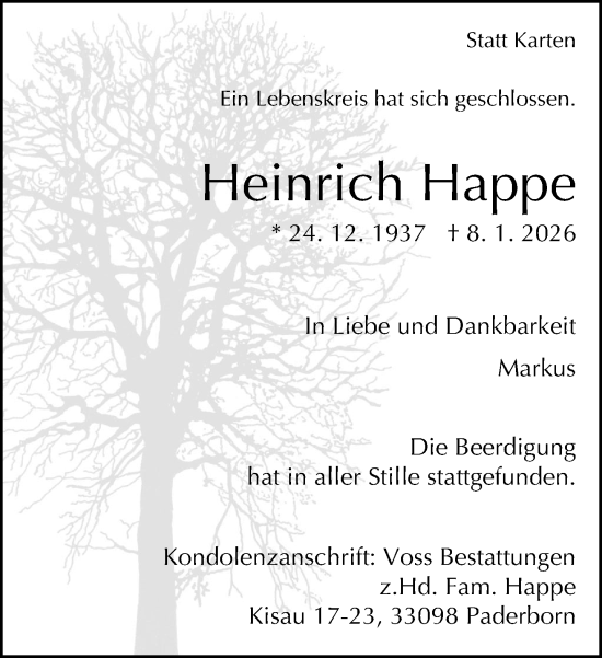 Traueranzeige von Heinrich Happe von Neue Westfälische und Westfalen-Blatt