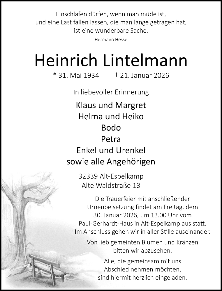  Traueranzeige für Heinrich Lintelmann vom 24.01.2026 aus Neue Westfälische und Westfalen-Blatt