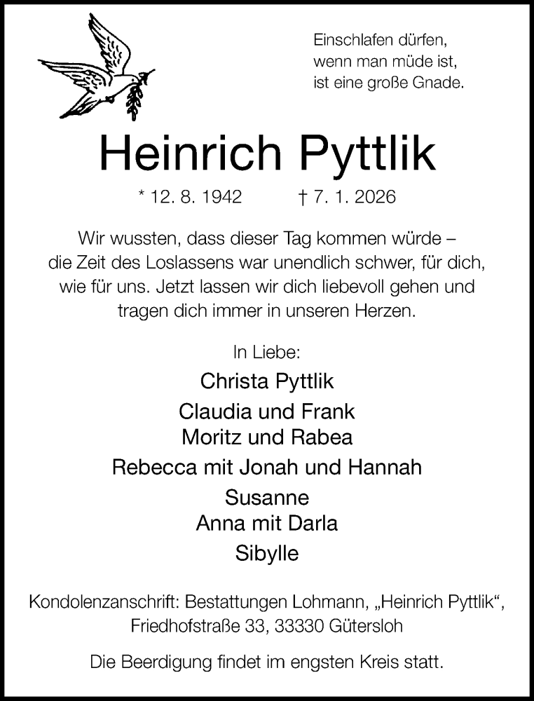  Traueranzeige für Heinrich Pyttlik vom 10.01.2026 aus Neue Westfälische und Westfalen-Blatt