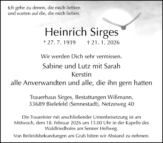 Traueranzeige von Heinrich Sirges von Neue Westfälische und Westfalen-Blatt