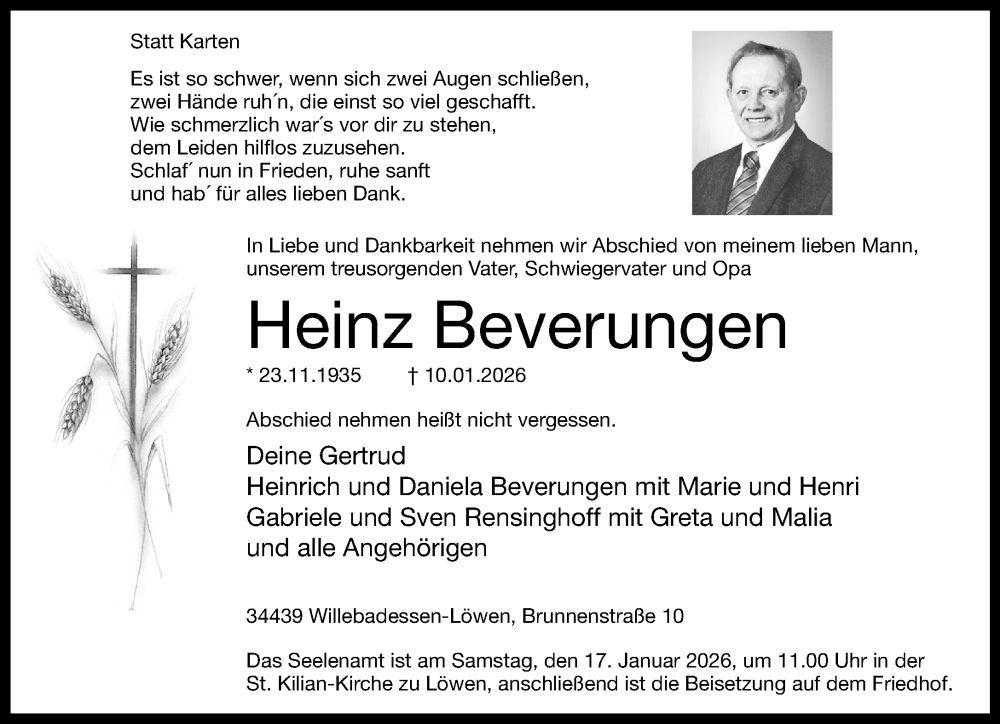  Traueranzeige für Heinz Beverungen vom 14.01.2026 aus Neue Westfälische und Westfalen-Blatt
