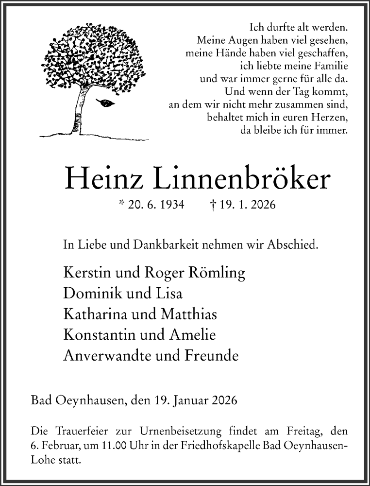  Traueranzeige für Heinz Linnenbröker vom 24.01.2026 aus Neue Westfälische und Westfalen-Blatt