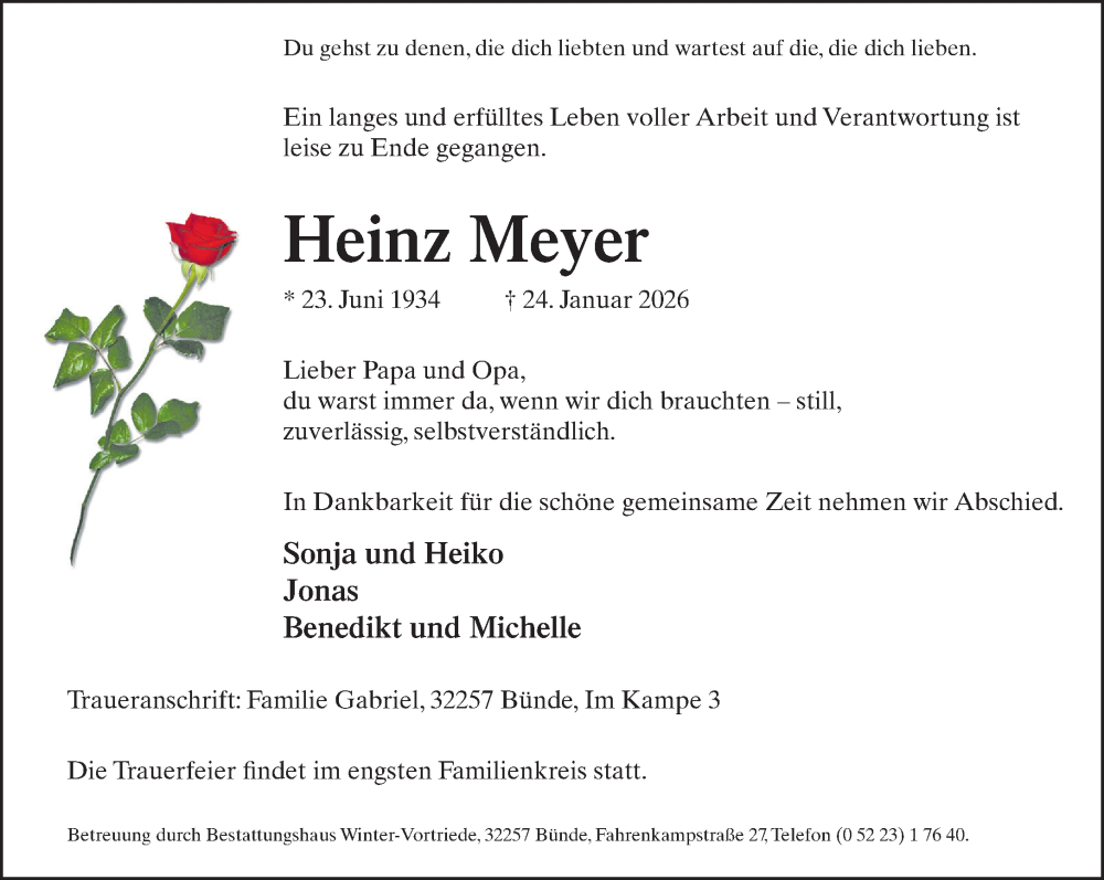  Traueranzeige für Heinz Meyer vom 28.01.2026 aus Neue Westfälische und Westfalen-Blatt