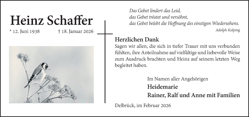  Traueranzeige für Heinz Schaffer vom 31.01.2026 aus Neue Westfälische und Westfalen-Blatt