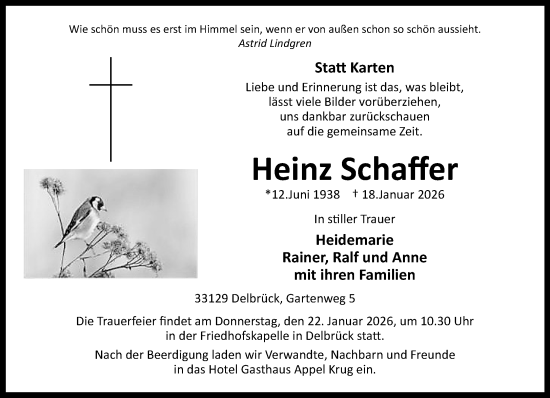 Traueranzeige von Heinz Schaffer von Neue Westfälische und Westfalen-Blatt