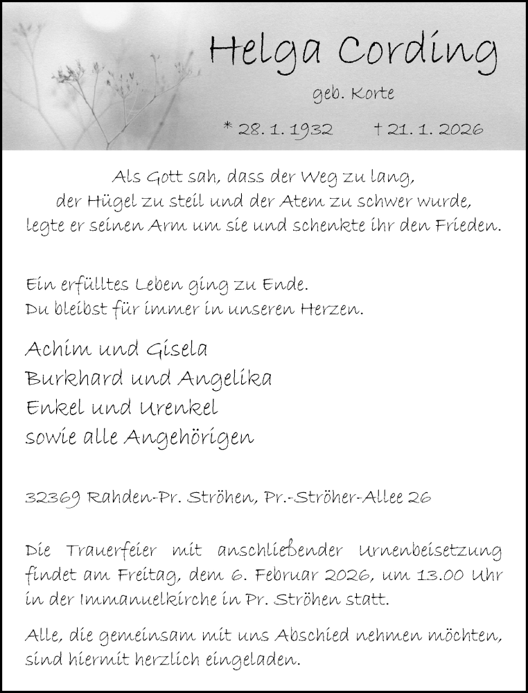  Traueranzeige für Helga Cording vom 31.01.2026 aus Neue Westfälische und Westfalen-Blatt