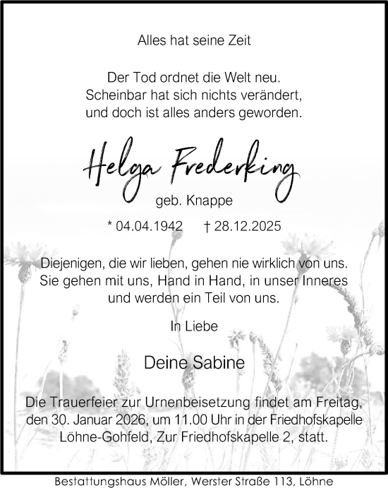 Traueranzeige von Helga Frederking von Neue Westfälische und Westfalen-Blatt