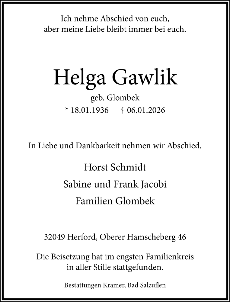  Traueranzeige für Helga Gawlik vom 31.01.2026 aus Neue Westfälische und Westfalen-Blatt