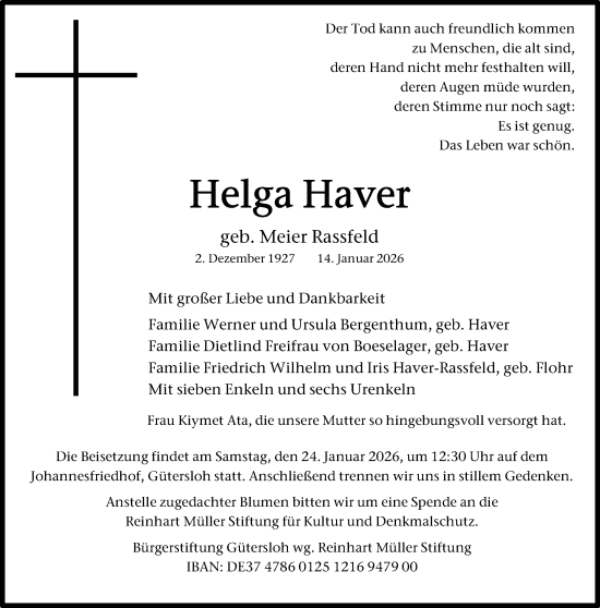 Traueranzeige von Helga Haver von Neue Westfälische und Westfalen-Blatt