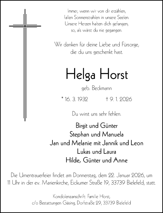 Traueranzeige von Helga Horst von Neue Westfälische und Westfalen-Blatt