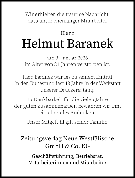 Traueranzeige von Helmut Baranek von Neue Westfälische und Westfalen-Blatt