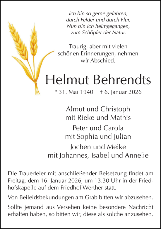 Traueranzeige von Helmut Behrendts von Neue Westfälische und Westfalen-Blatt