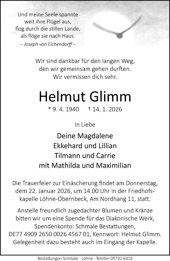 Traueranzeige für Helmut Glimm vom 17.01.2026 aus Neue Westfälische und Westfalen-Blatt