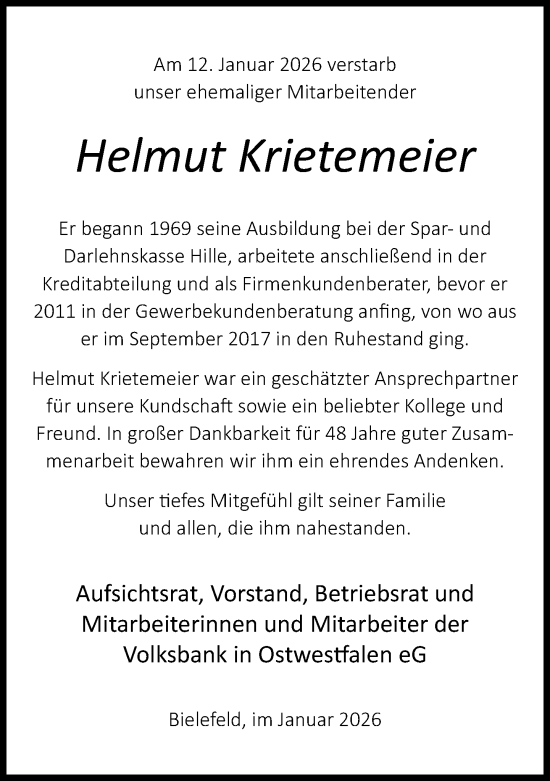 Traueranzeige von Helmut Krietemeier von Neue Westfälische und Westfalen-Blatt