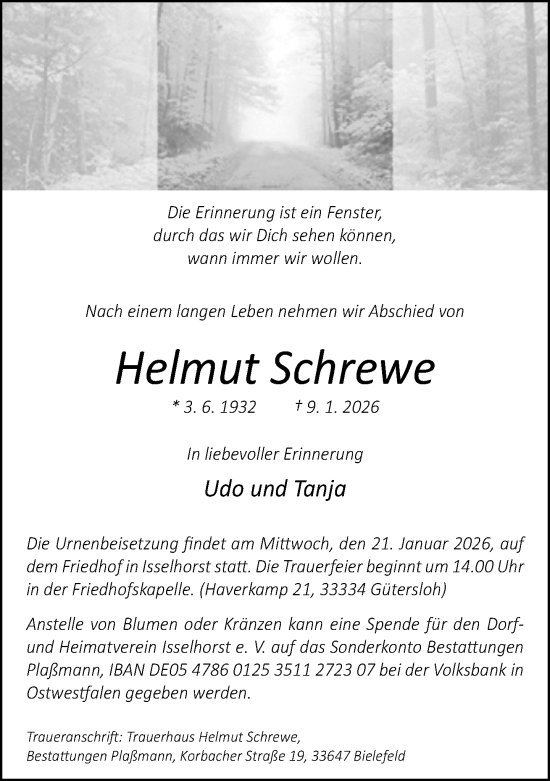 Traueranzeige von Helmut Schrewe von Neue Westfälische und Westfalen-Blatt