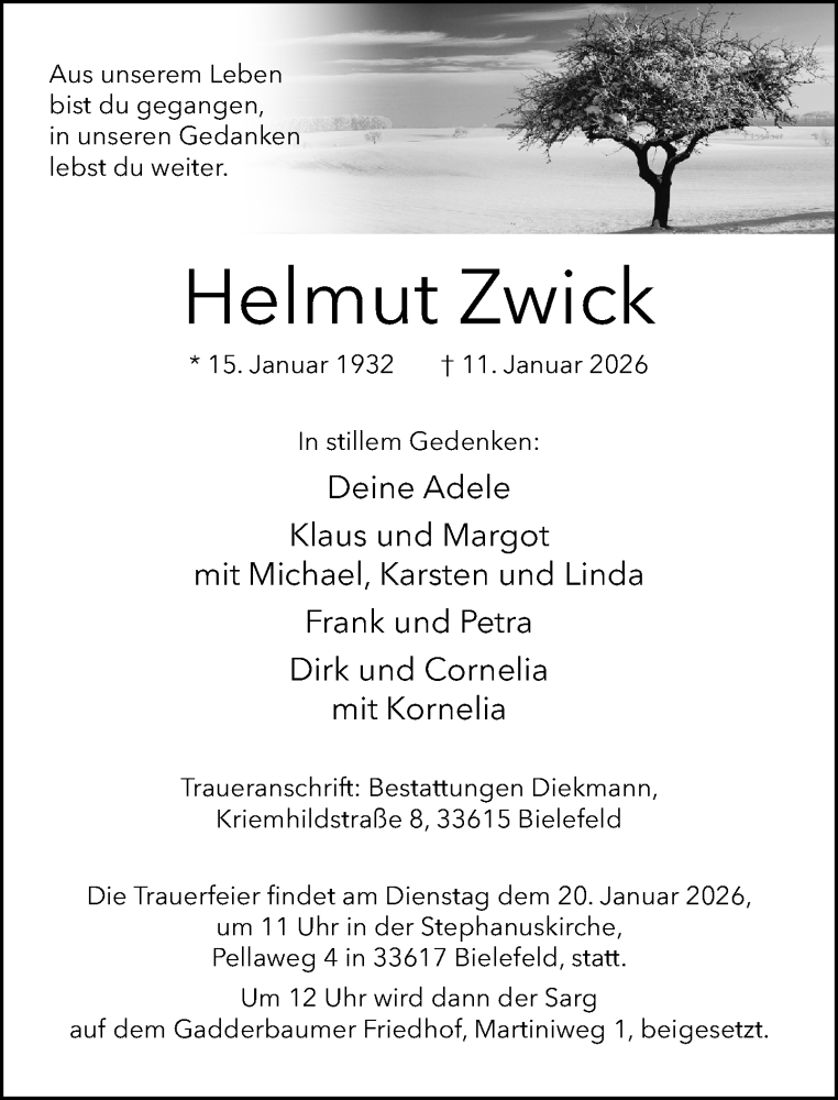  Traueranzeige für Helmut Zwick vom 17.01.2026 aus Neue Westfälische und Westfalen-Blatt