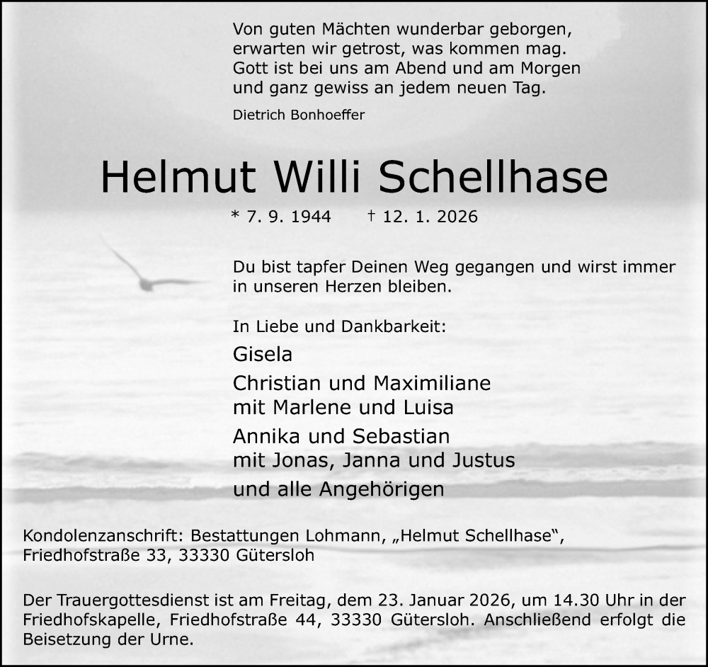  Traueranzeige für Helmut Willi Schellhase vom 17.01.2026 aus Neue Westfälische und Westfalen-Blatt