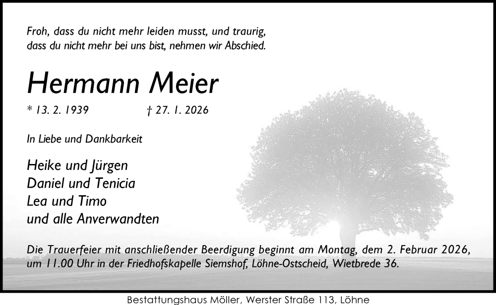  Traueranzeige für Hermann Meier vom 31.01.2026 aus Neue Westfälische und Westfalen-Blatt