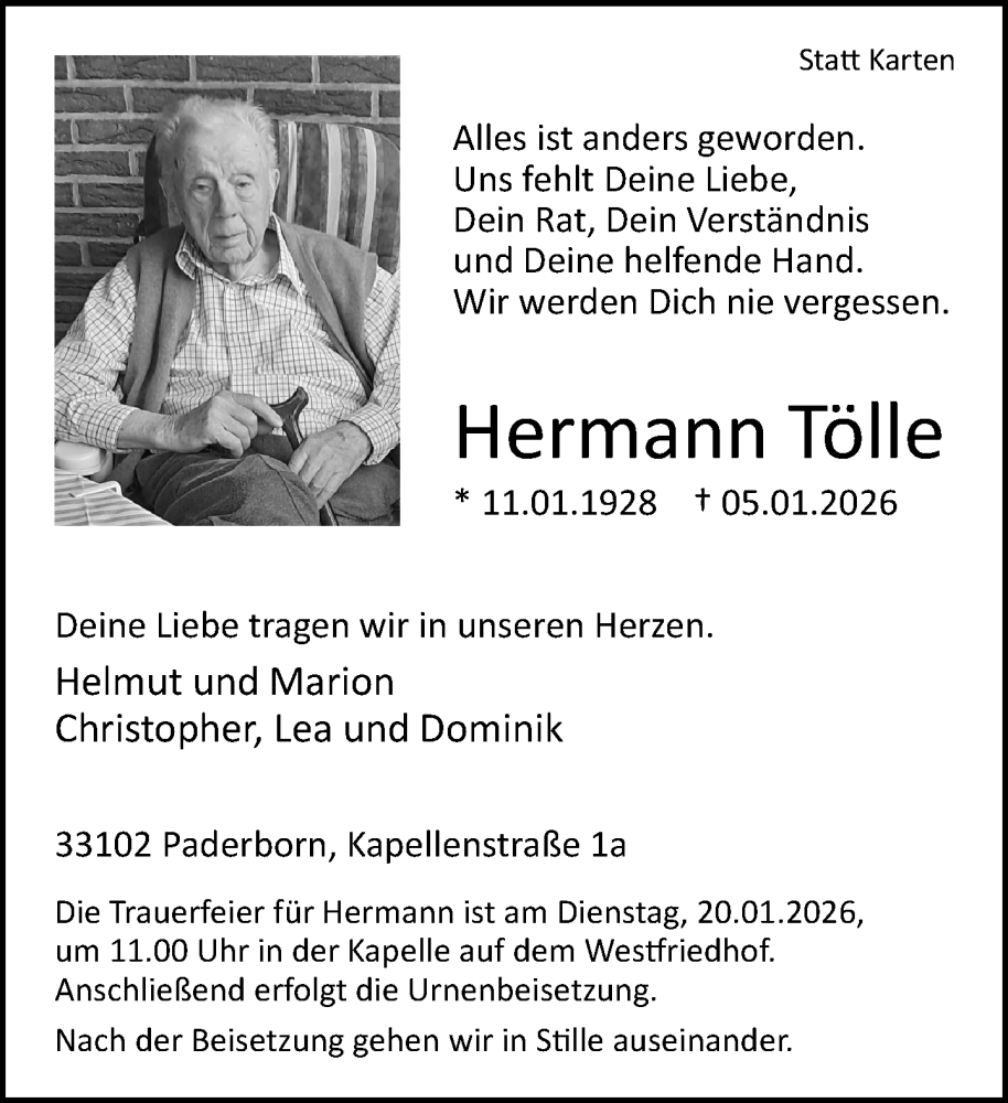  Traueranzeige für Hermann Tölle vom 10.01.2026 aus Neue Westfälische und Westfalen-Blatt