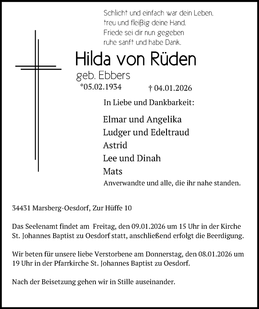  Traueranzeige für Hilda von Rüden vom 07.01.2026 aus Neue Westfälische und Westfalen-Blatt