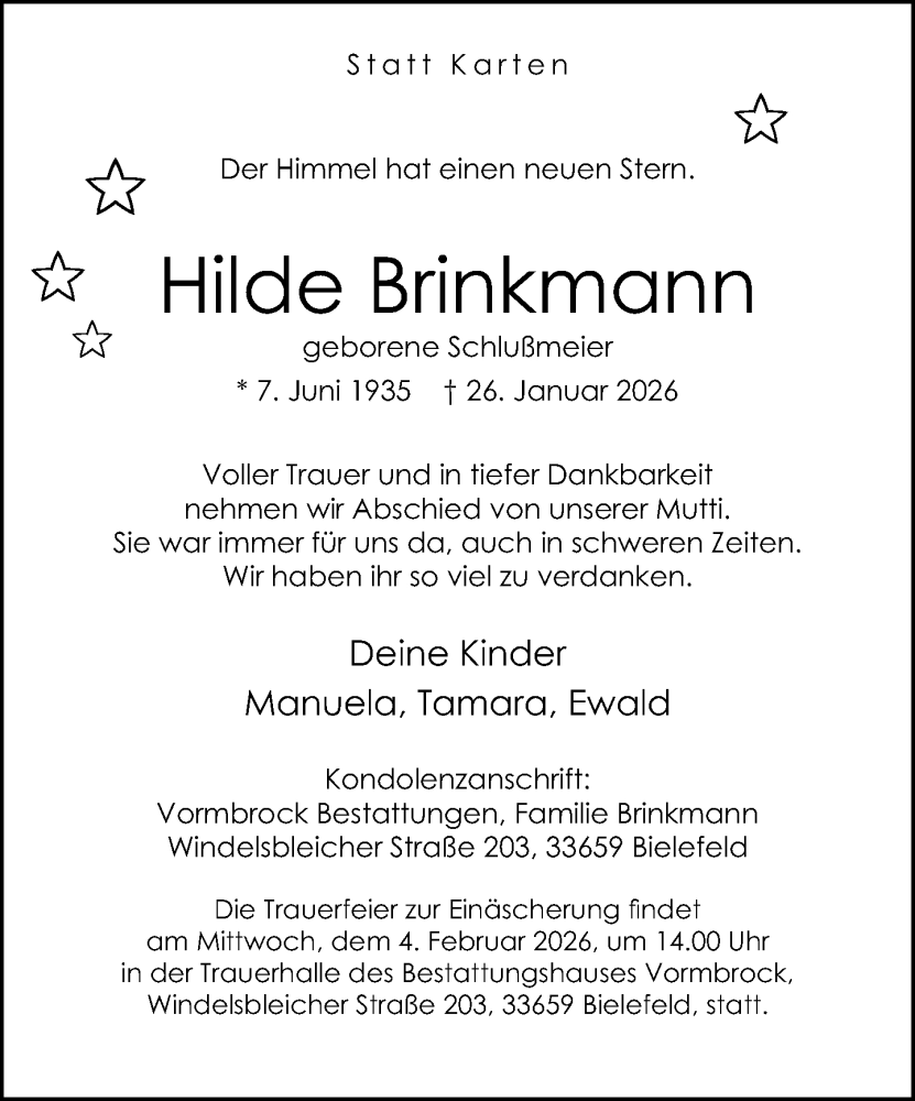  Traueranzeige für Hilde Brinkmann vom 31.01.2026 aus Neue Westfälische und Westfalen-Blatt