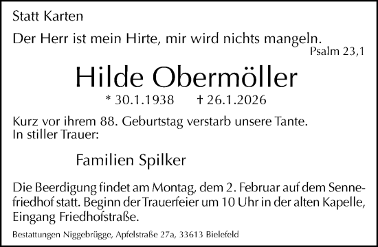 Traueranzeige von Hilde Obermöller von Neue Westfälische und Westfalen-Blatt