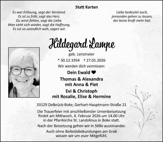 Traueranzeige von Hildegard Lampe von Neue Westfälische und Westfalen-Blatt