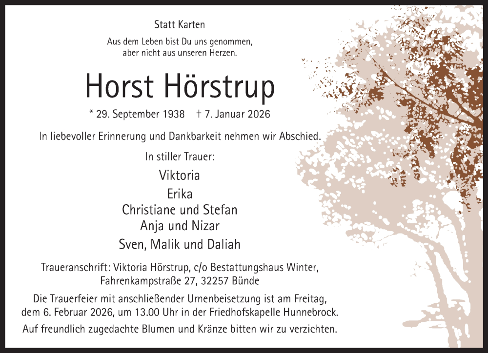  Traueranzeige für Horst Hörstrup vom 17.01.2026 aus Neue Westfälische und Westfalen-Blatt