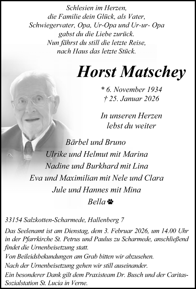  Traueranzeige für Horst Matschey vom 31.01.2026 aus Neue Westfälische und Westfalen-Blatt