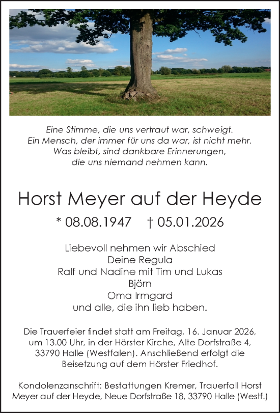 Traueranzeige von Horst Meyer auf der Heyde von Neue Westfälische und Westfalen-Blatt