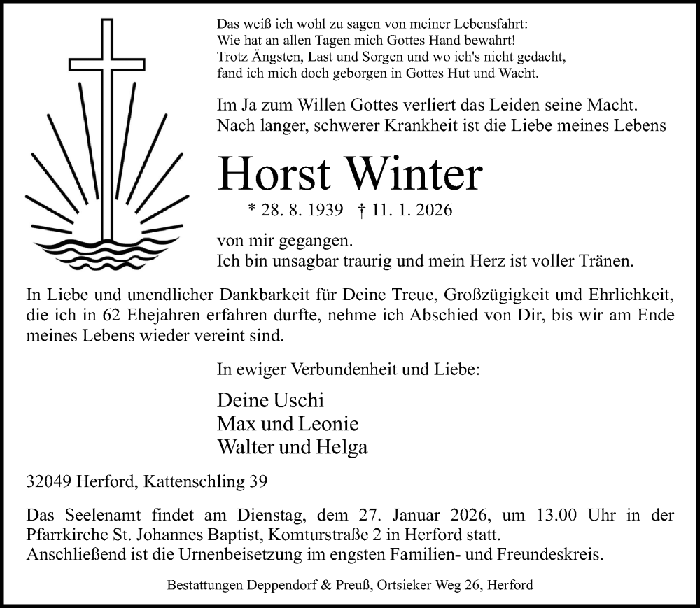  Traueranzeige für Horst Winter vom 17.01.2026 aus Neue Westfälische und Westfalen-Blatt
