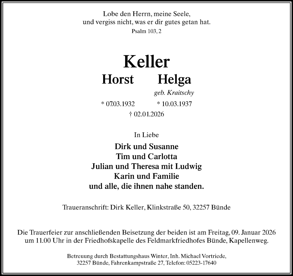  Traueranzeige für Horst und Helga Keller vom 06.01.2026 aus Neue Westfälische und Westfalen-Blatt
