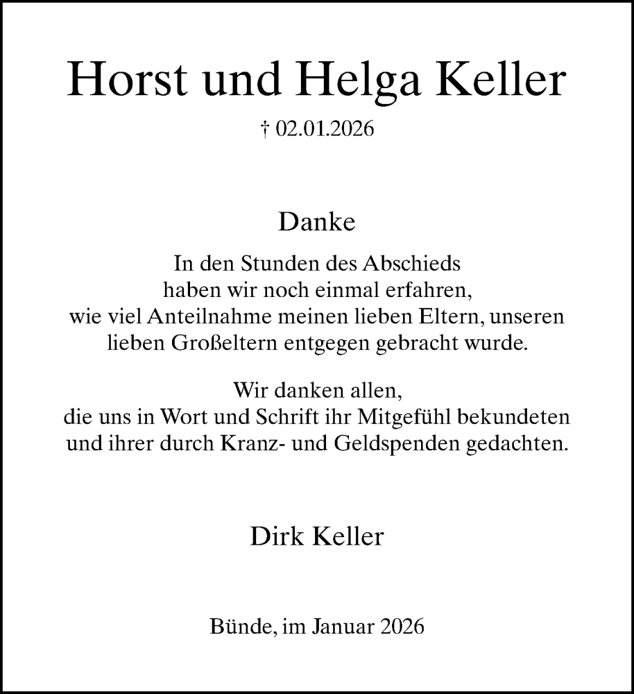  Traueranzeige für Horst und Helga Keller vom 17.01.2026 aus Neue Westfälische und Westfalen-Blatt