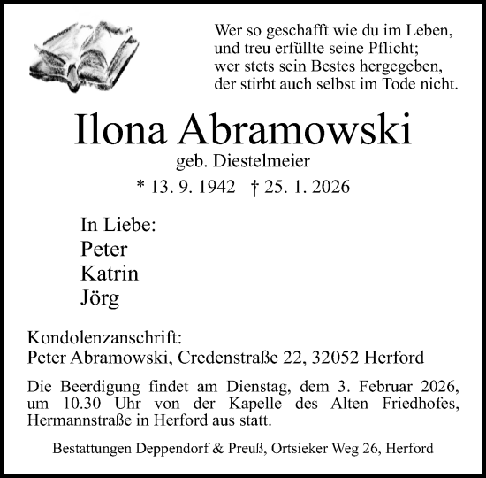 Traueranzeige von Ilona Abramowski von Neue Westfälische und Westfalen-Blatt