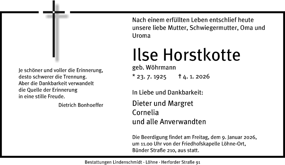  Traueranzeige für Ilse Horstkotte vom 06.01.2026 aus Neue Westfälische und Westfalen-Blatt