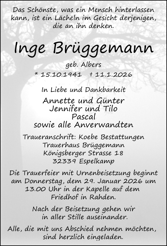 Traueranzeige von Inge Brüggemann von Neue Westfälische und Westfalen-Blatt