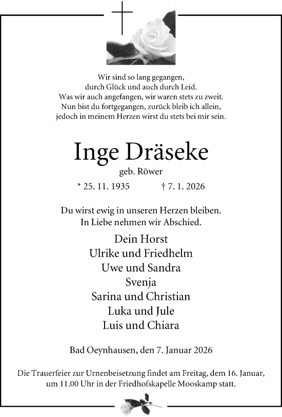 Traueranzeige von Inge Dräseke von Neue Westfälische und Westfalen-Blatt