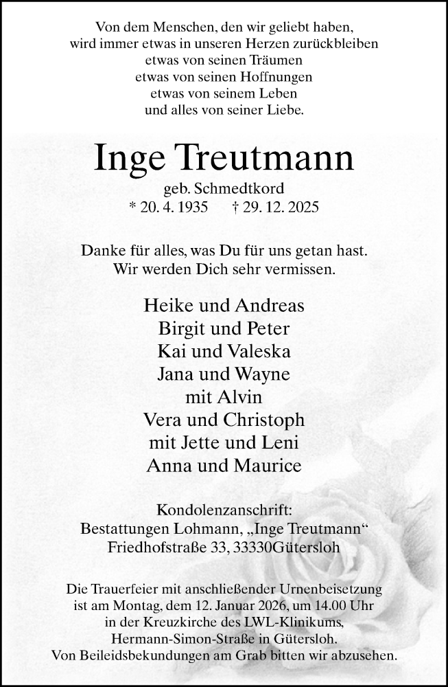  Traueranzeige für Inge Treutmann vom 03.01.2026 aus Neue Westfälische und Westfalen-Blatt