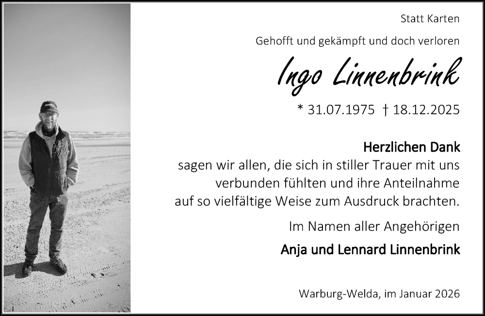  Traueranzeige für Ingo Linnenbrink vom 17.01.2026 aus Neue Westfälische und Westfalen-Blatt