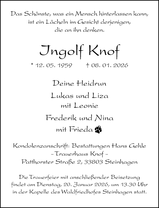Traueranzeige von Ingolf Knof von Neue Westfälische und Westfalen-Blatt