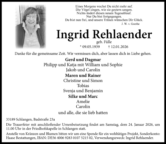 Traueranzeige von Ingrid Rehlaender von Neue Westfälische und Westfalen-Blatt