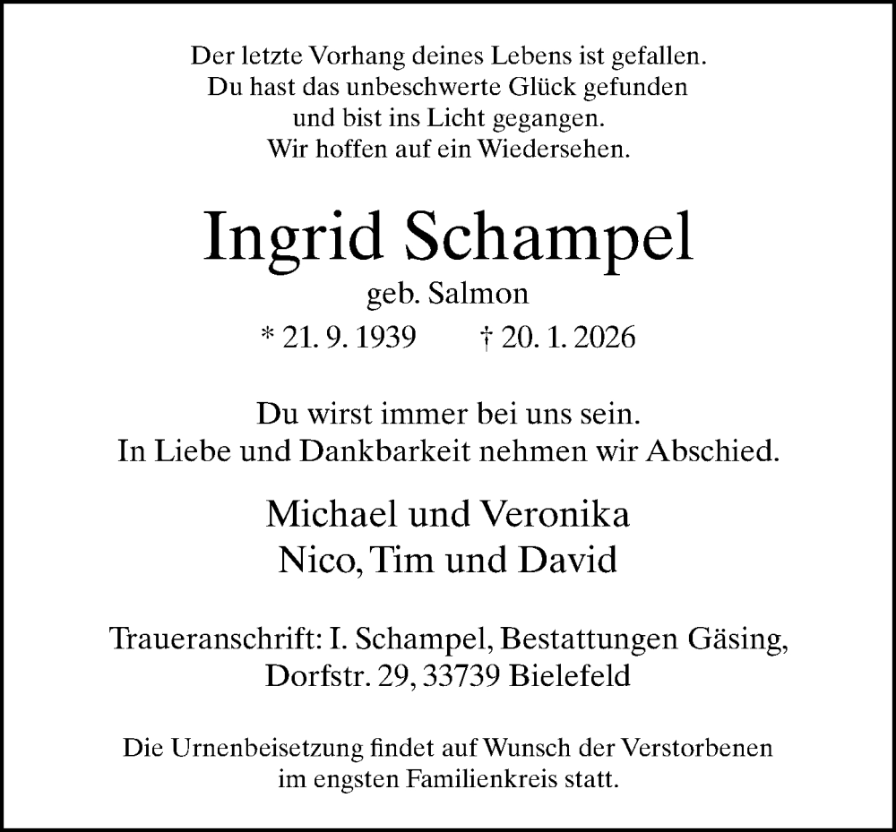  Traueranzeige für Ingrid Schampel vom 24.01.2026 aus Neue Westfälische und Westfalen-Blatt