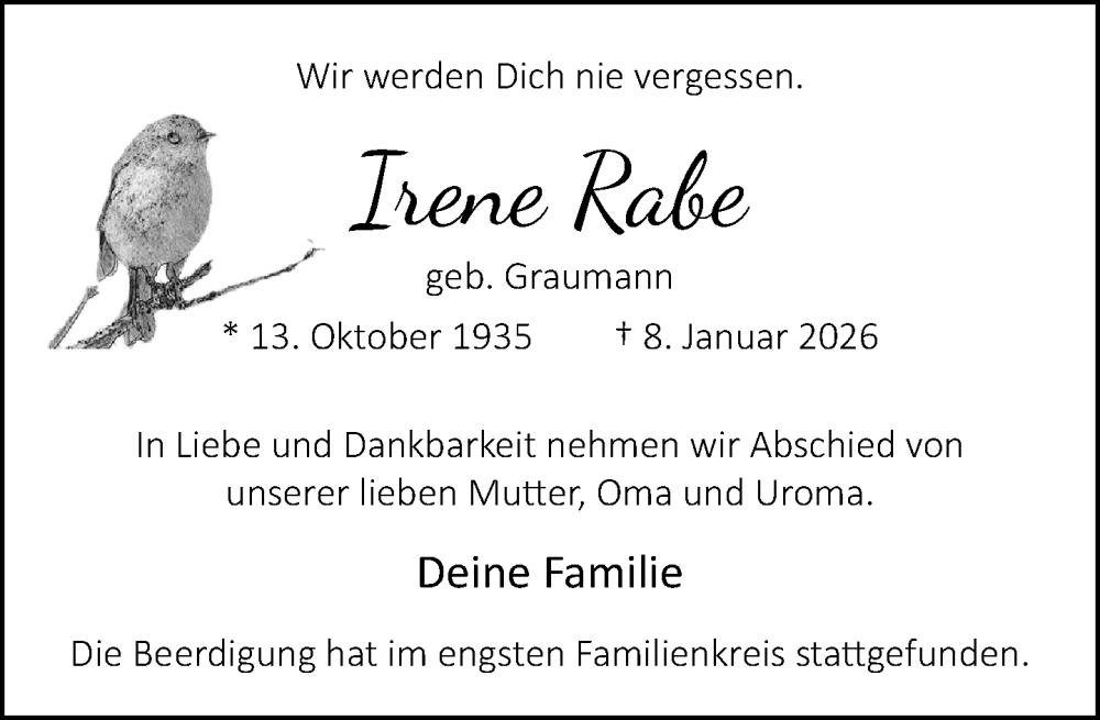  Traueranzeige für Irene Rabe vom 17.01.2026 aus Neue Westfälische und Westfalen-Blatt